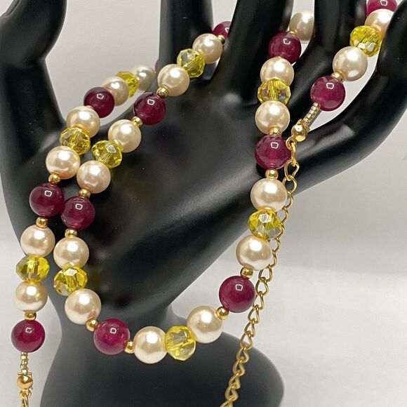 Earth mined Red Gemstone Glass Pearl Yellow Glass Beaded Necklace Statement - Picture 6 of 7
